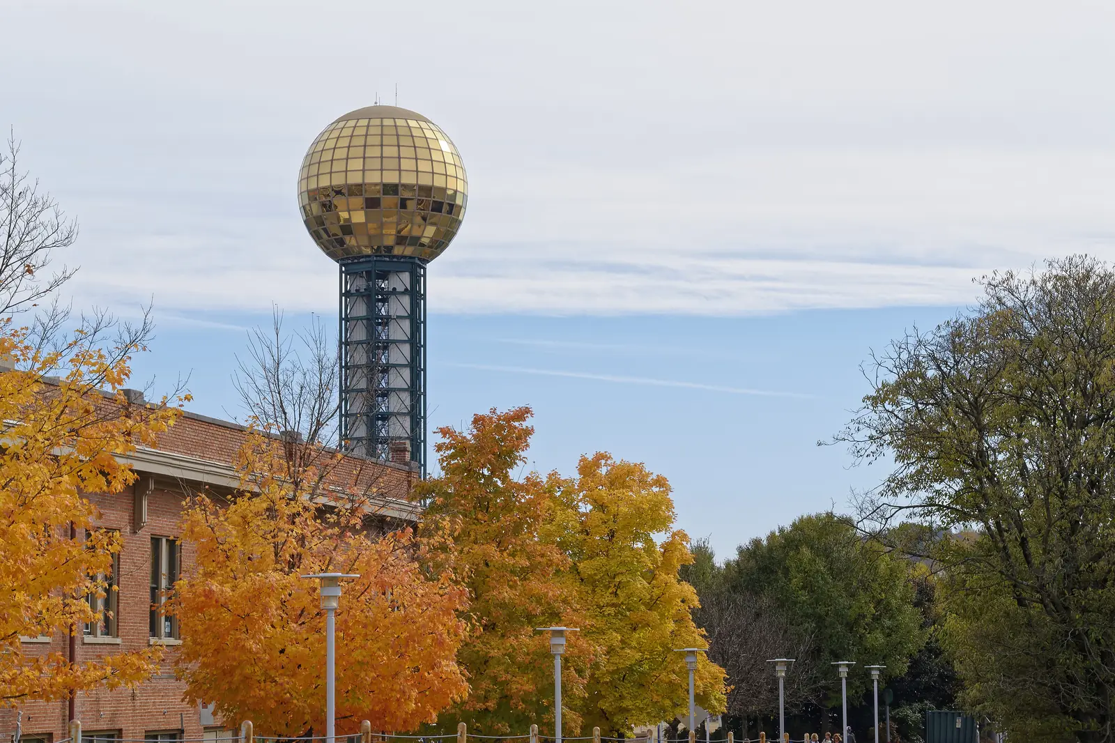 The Sunsphere in downtown Knoxville, Tennessee, framed by autumn trees