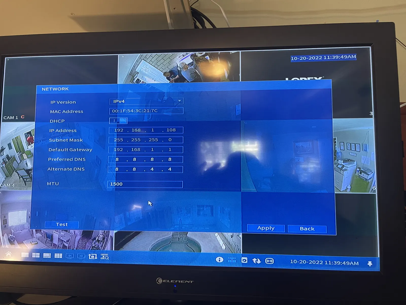 Monitor showing the recorder's network settings