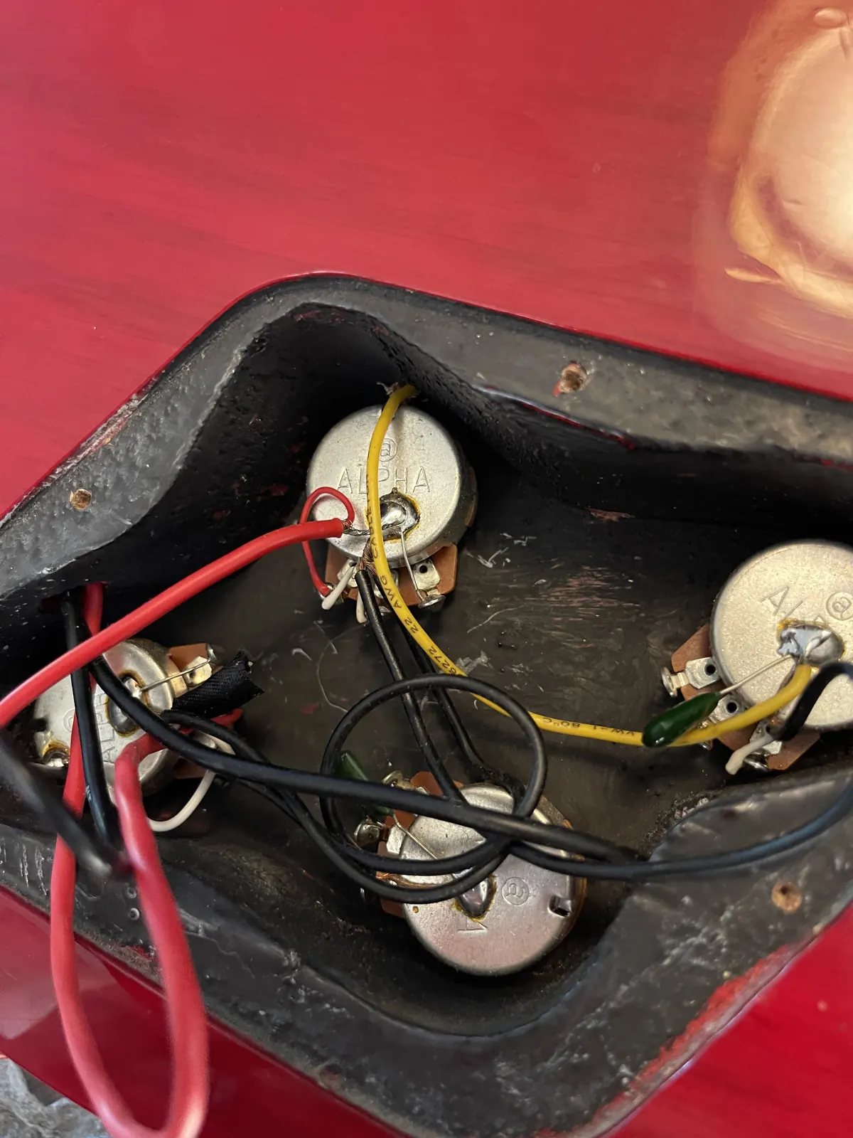 Guitar control cavity with new pots and wiring
